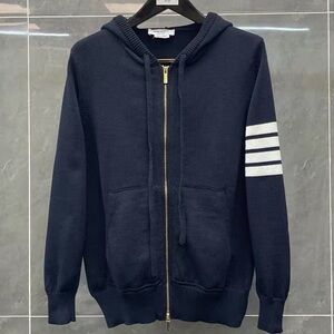 Thom Browne Navy Zip-Up Sweater with White Stripes